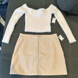 Pink faux leather skirt with soft stretchy off shoulder top